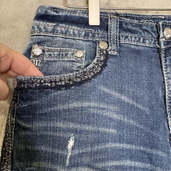 Miss Me Jeans Womens 27 Boyfriend Capri Blue Distressed Embellished Denim Pocket - Picture 4 of 16